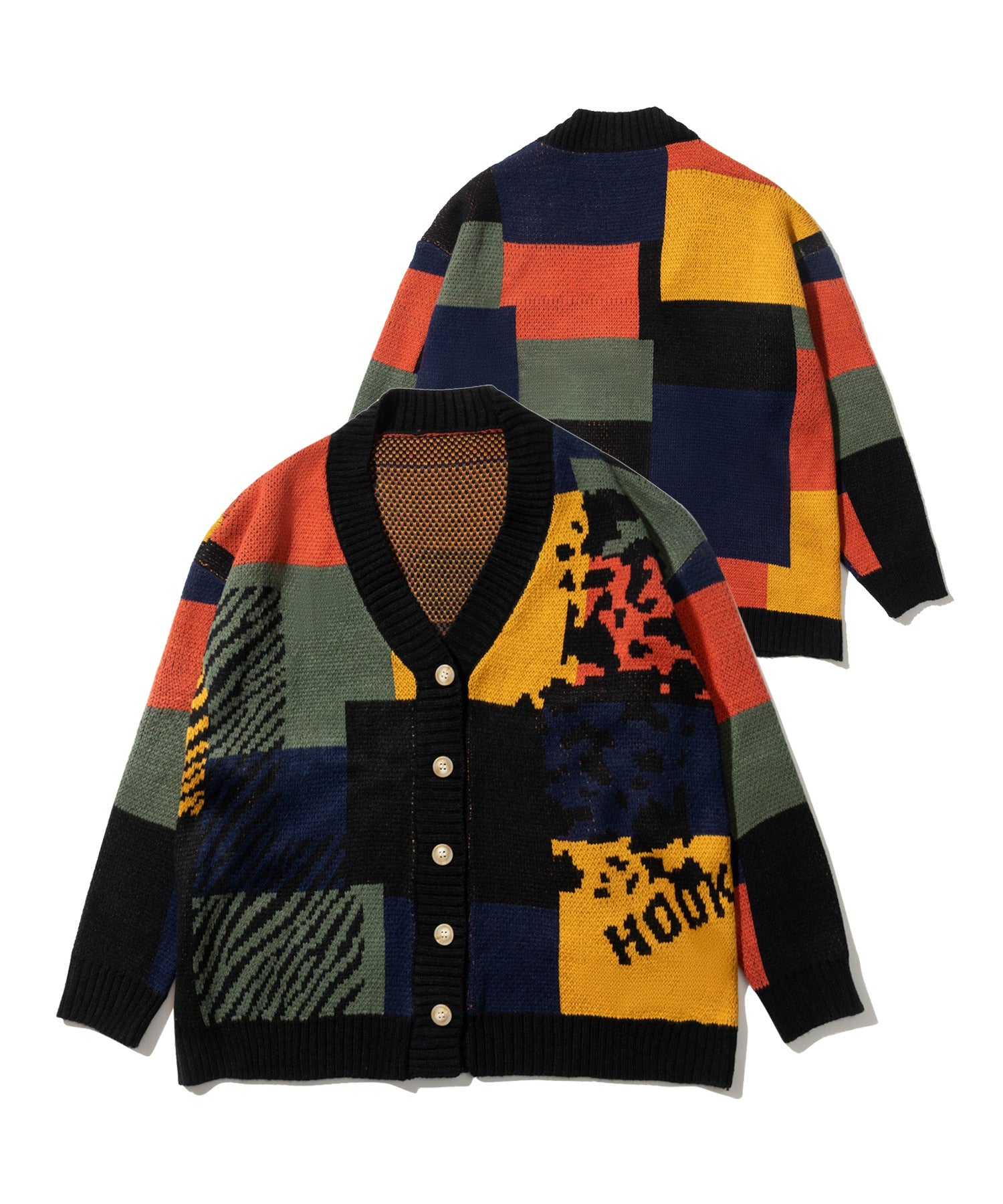 フック HOOK 【HOOK】ーoriginalー レトロ調アニマル・配色パッチワークニットカーディガン (ブラック) ブラック