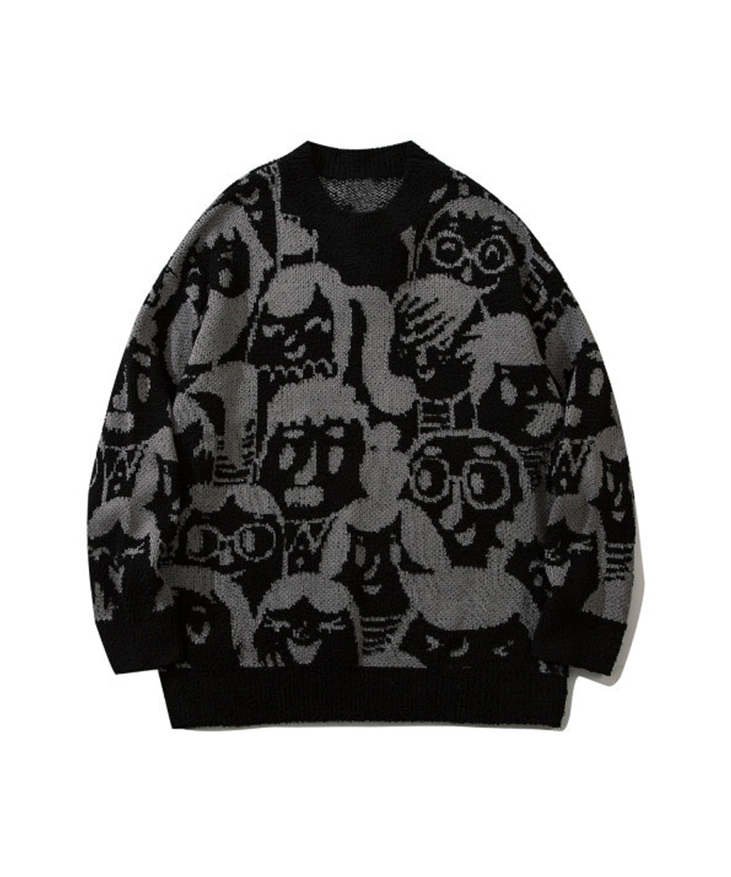フック HOOK 【HOOK】いろんな顔総柄ニット風スウェット (ブラック) ブラック