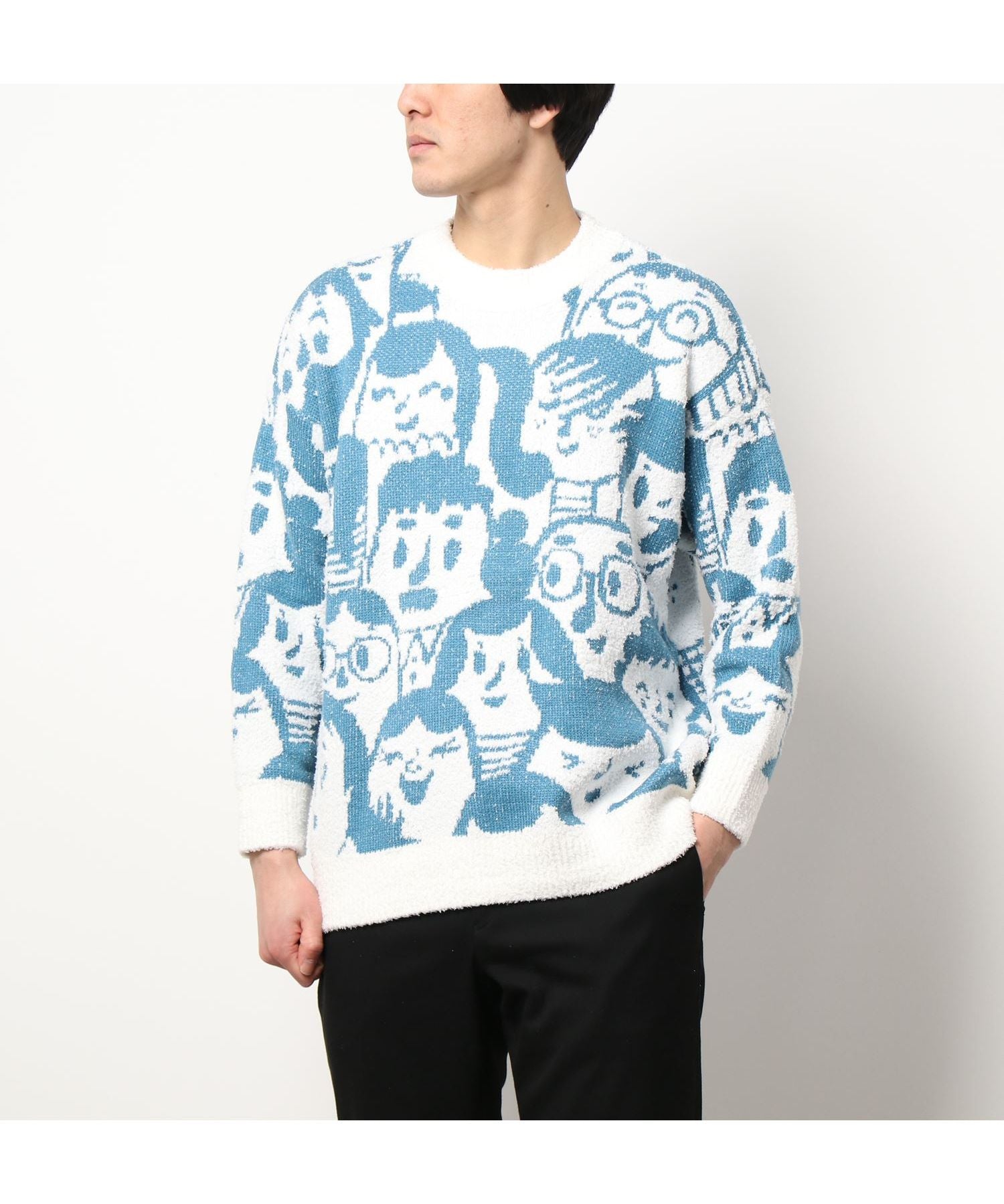 フック HOOK 【HOOK】いろんな顔総柄ニット風スウェット (ブラック) ブラック