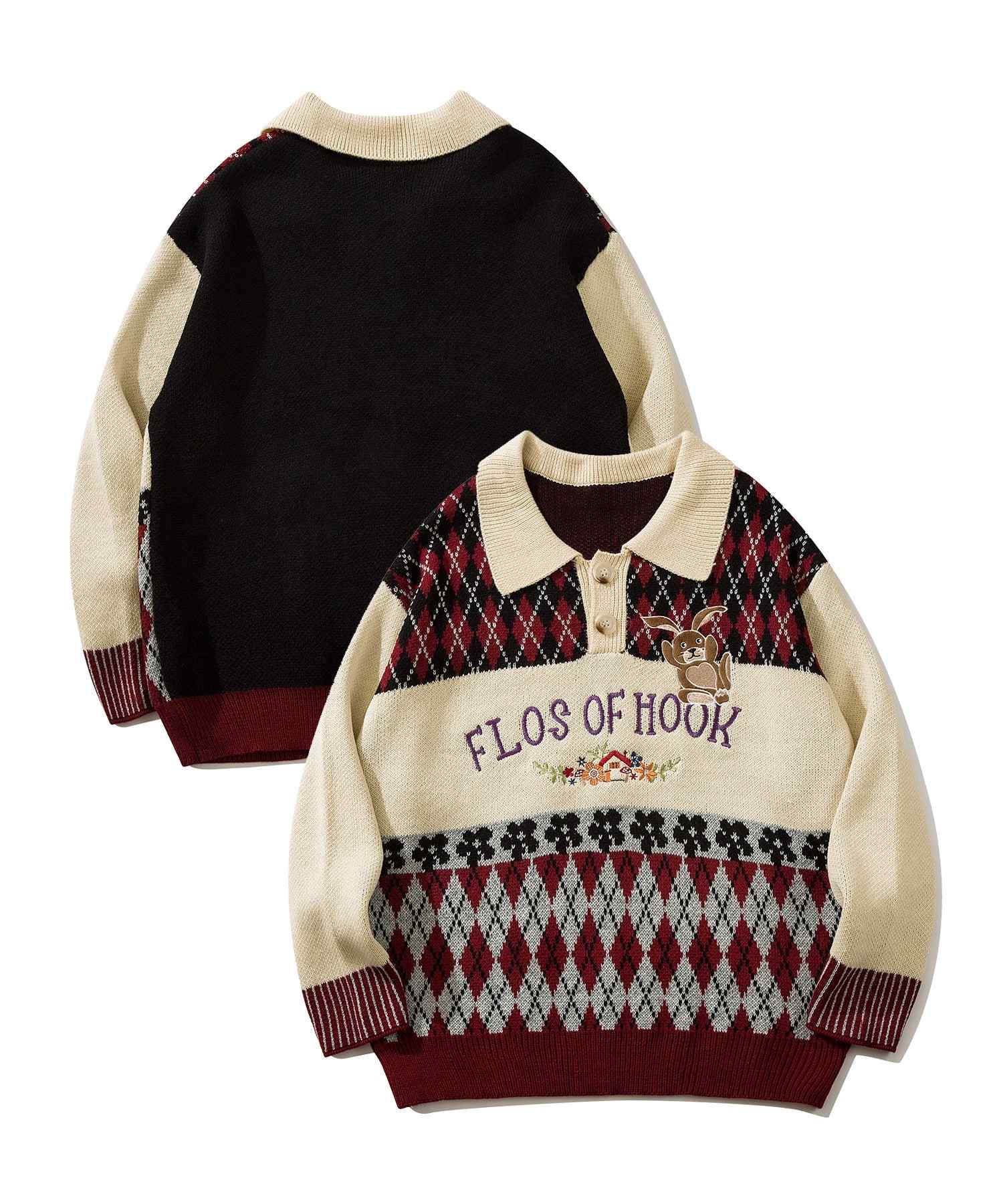 フック HOOK HOOK ーoriginalー 古著風 復古調兔子刺繡配色菱格紋翻領針織衫