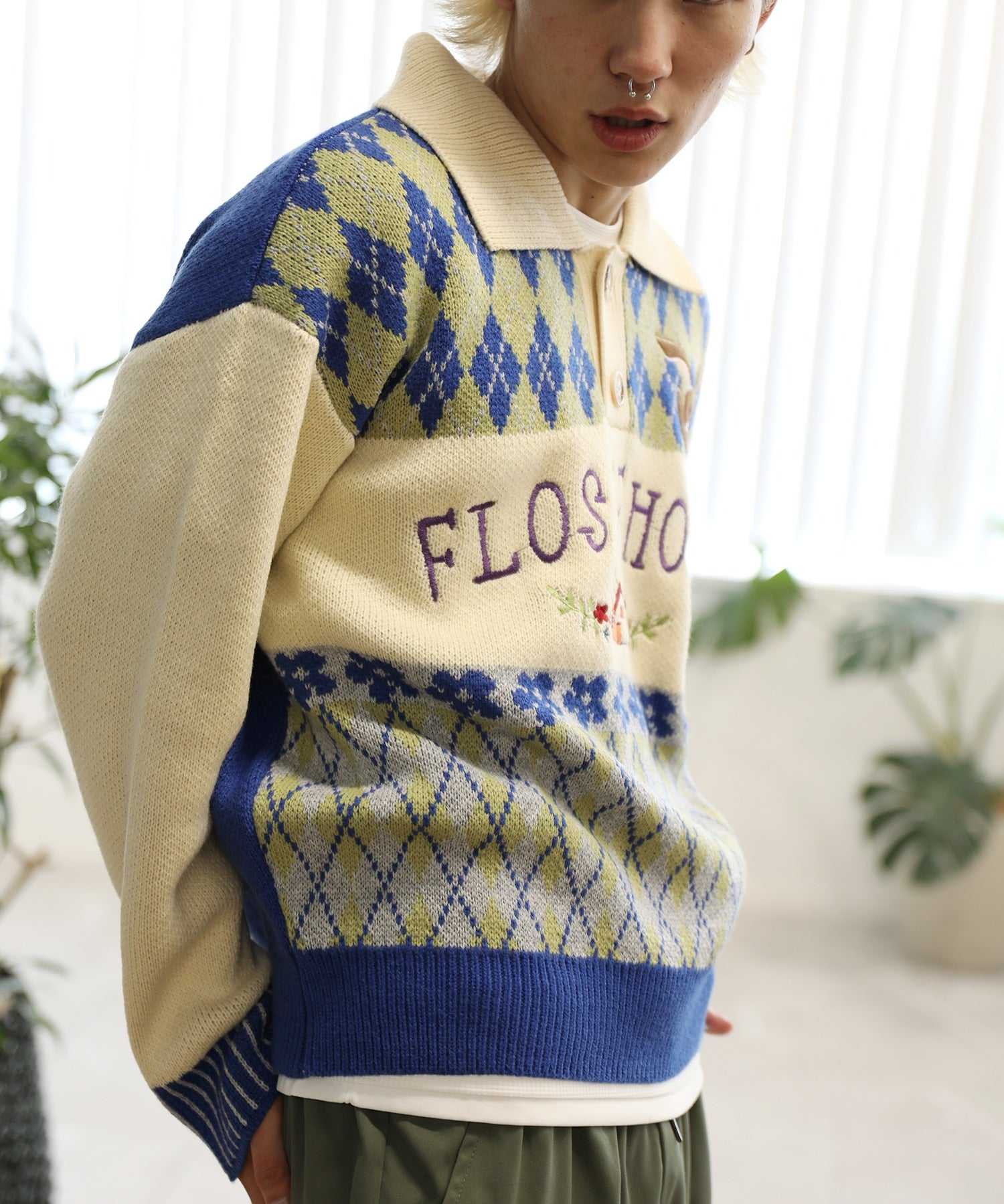 フック HOOK HOOK ーoriginalー 古著風 復古調兔子刺繡配色菱格紋翻領針織衫