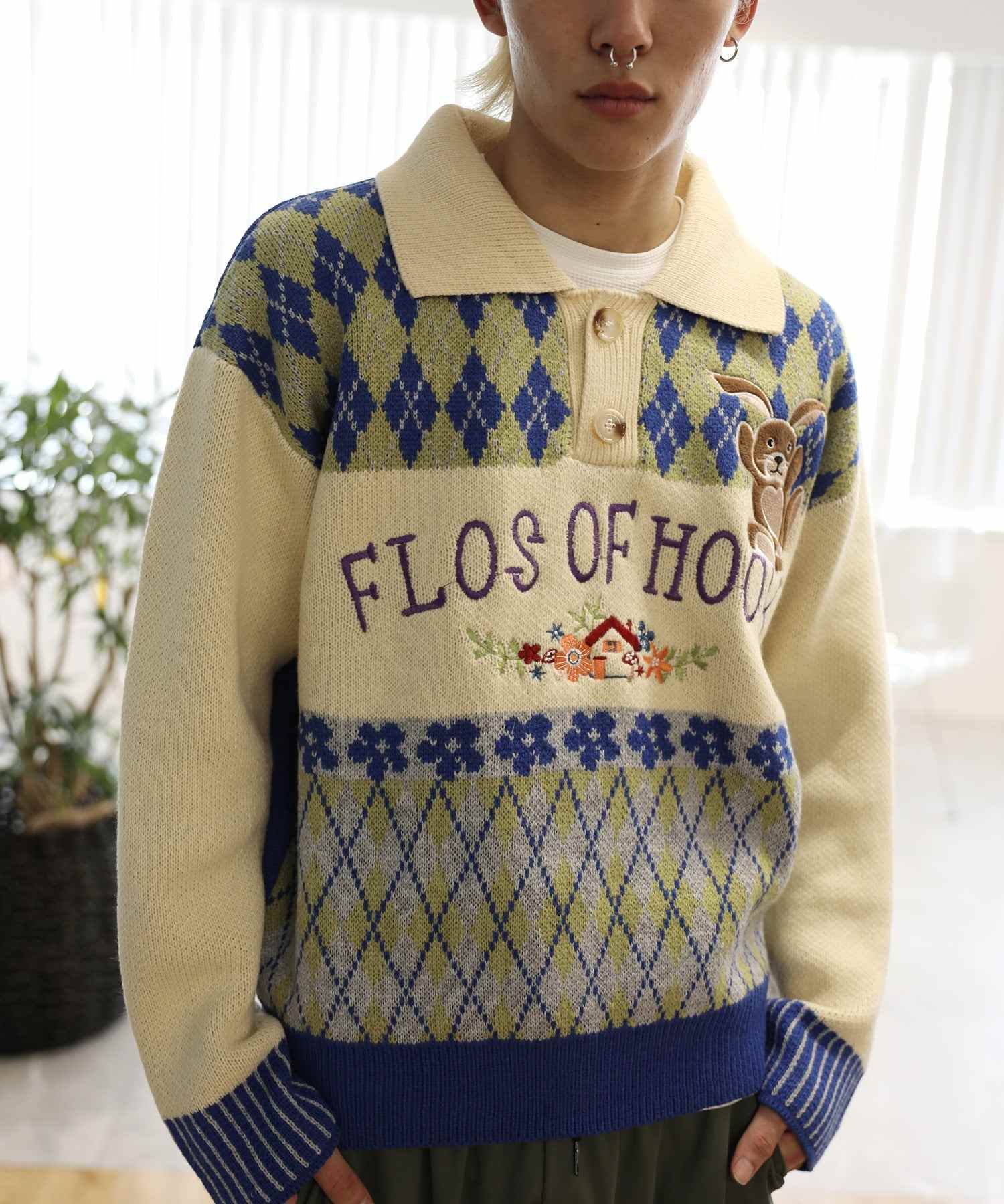 フック HOOK HOOK ーoriginalー 古著風 復古調兔子刺繡配色菱格紋翻領針織衫