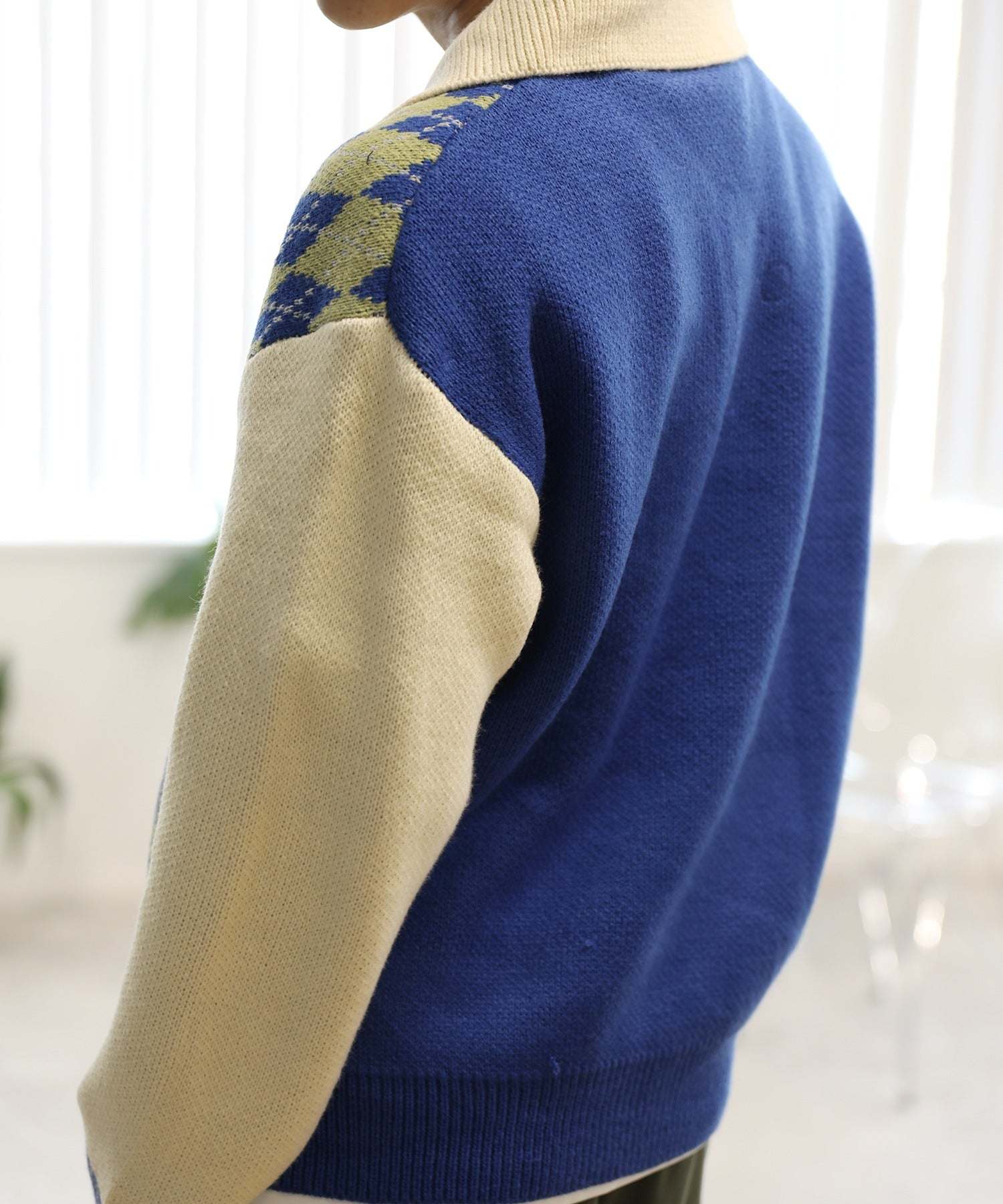 フック HOOK HOOK ーoriginalー 古著風 復古調兔子刺繡配色菱格紋翻領針織衫