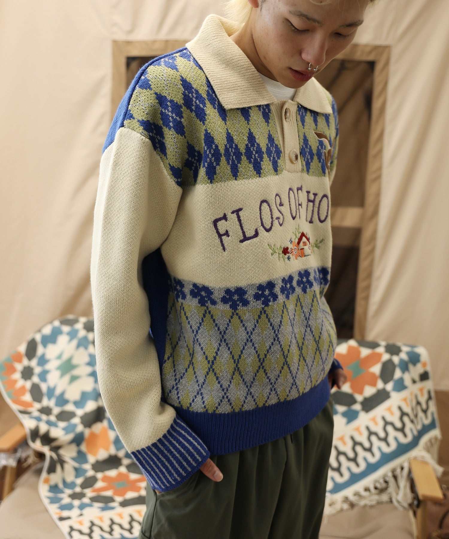 フック HOOK HOOK ーoriginalー 古著風 復古調兔子刺繡配色菱格紋翻領針織衫