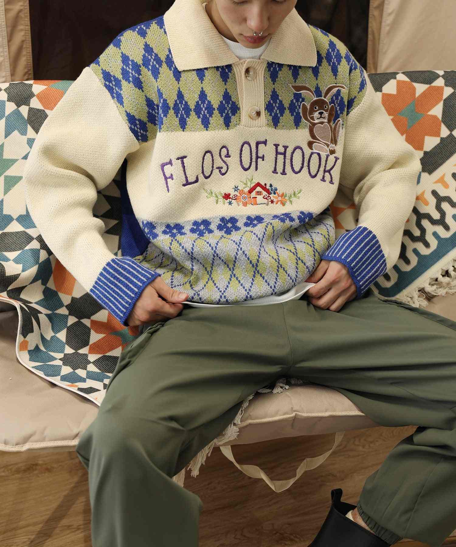 フック HOOK HOOK ーoriginalー 古著風 復古調兔子刺繡配色菱格紋翻領針織衫
