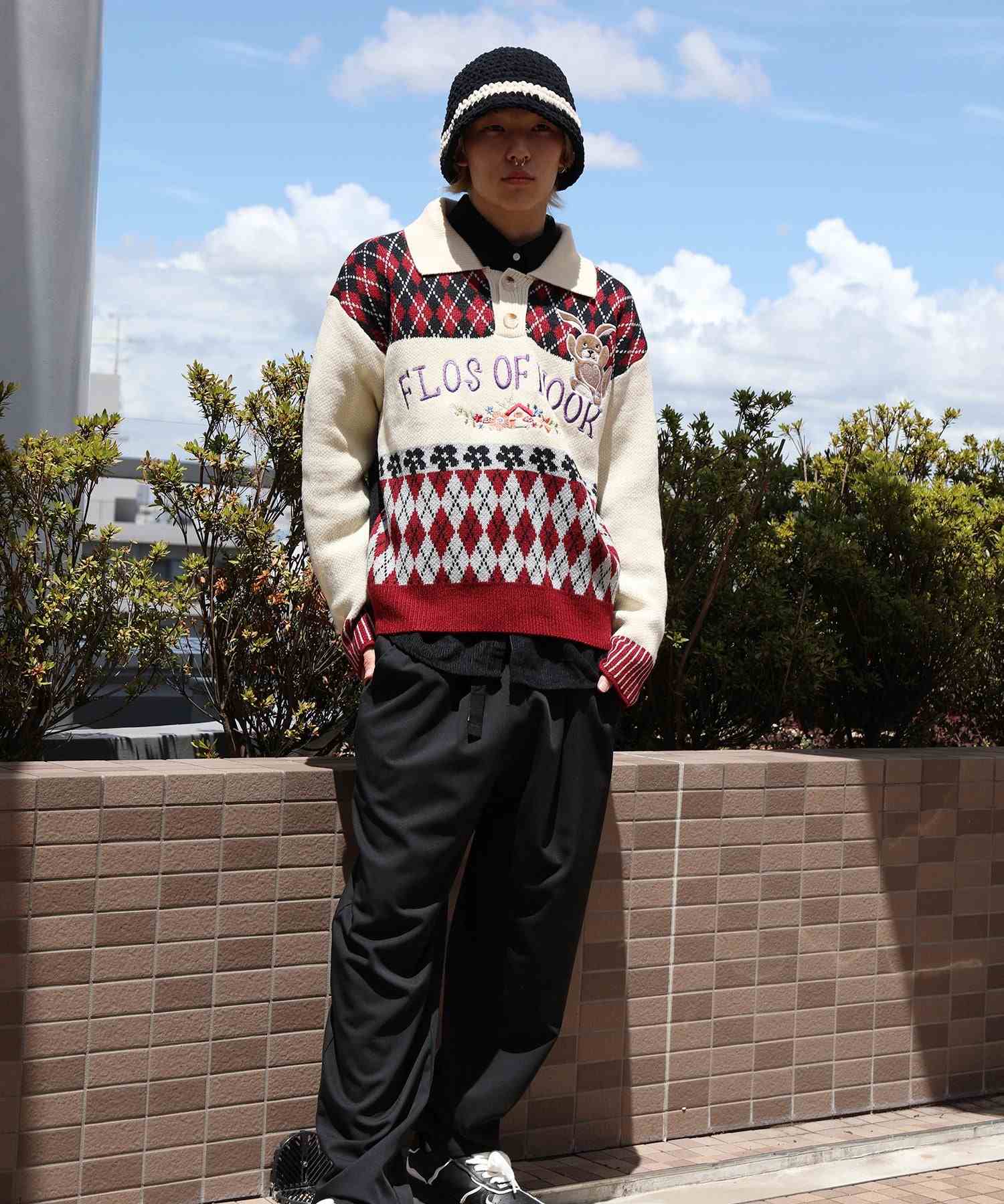 フック HOOK HOOK ーoriginalー 古著風 復古調兔子刺繡配色菱格紋翻領針織衫