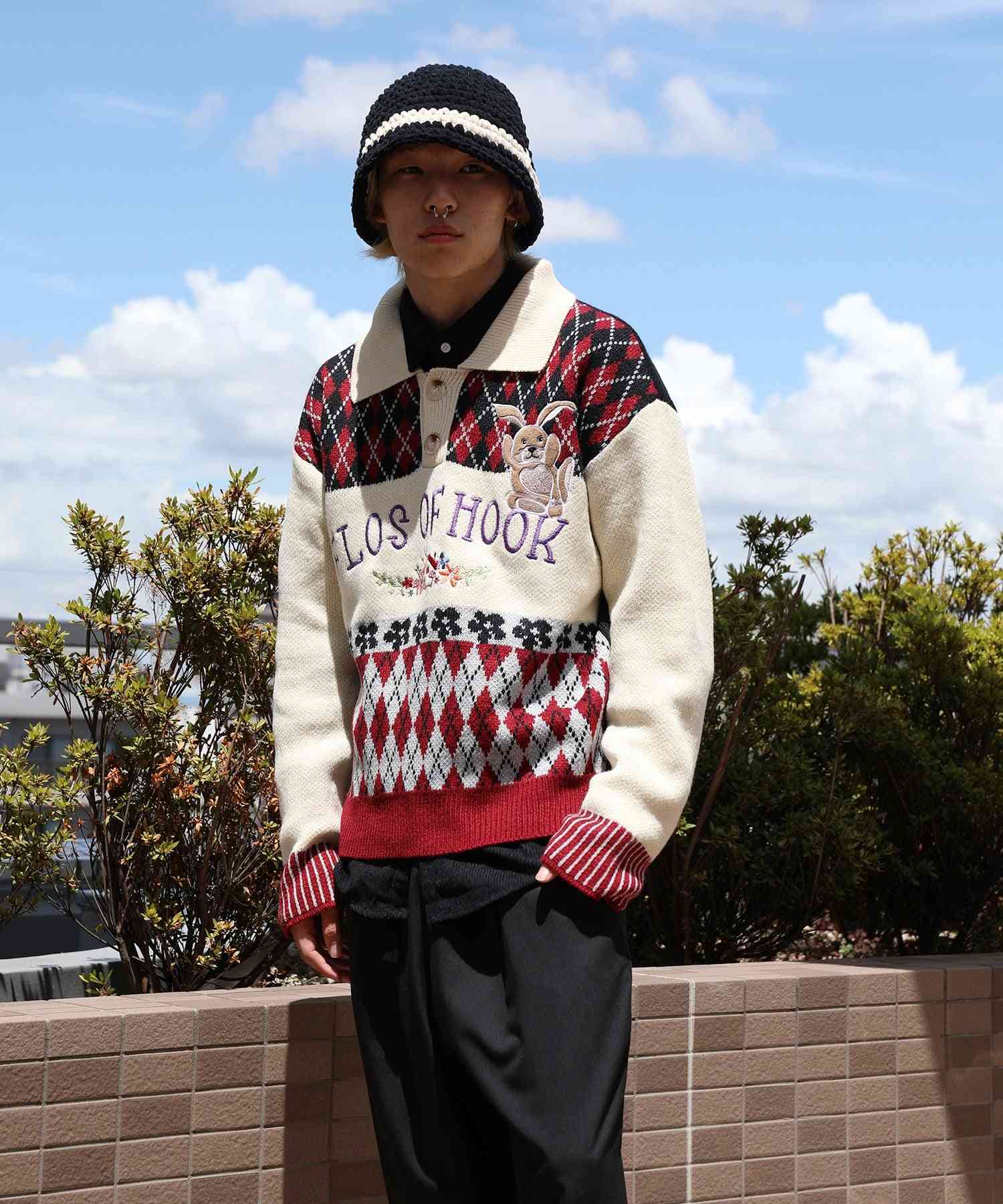 フック HOOK HOOK ーoriginalー 古著風 復古調兔子刺繡配色菱格紋翻領針織衫