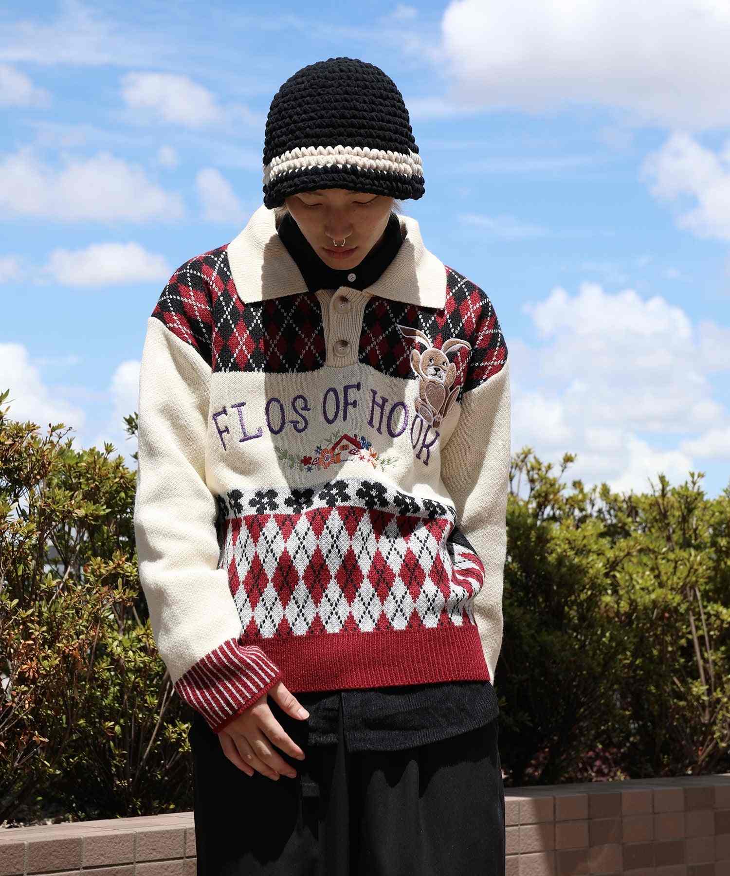 フック HOOK HOOK ーoriginalー 古著風 復古調兔子刺繡配色菱格紋翻領針織衫