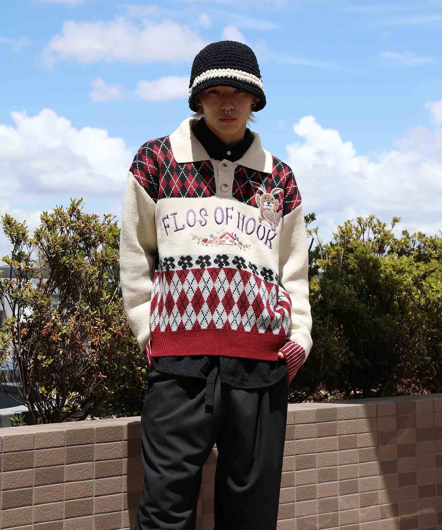 フック HOOK HOOK ーoriginalー 古著風 復古調兔子刺繡配色菱格紋翻領針織衫