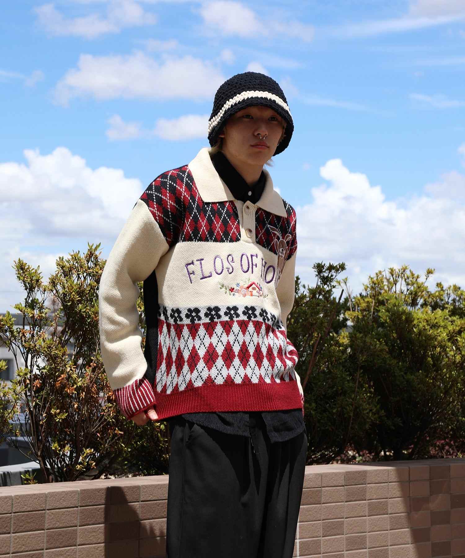 フック HOOK HOOK ーoriginalー 古著風 復古調兔子刺繡配色菱格紋翻領針織衫