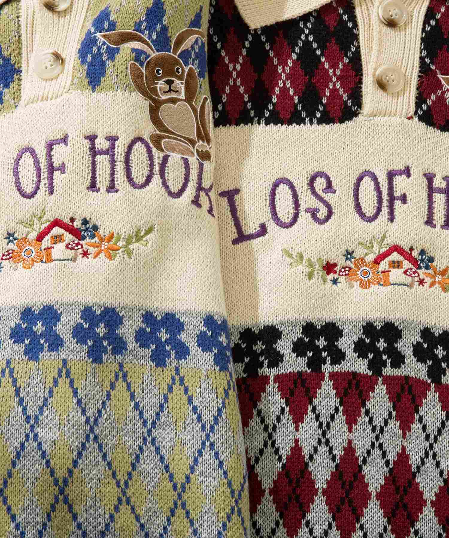 フック HOOK HOOK ーoriginalー 古著風 復古調兔子刺繡配色菱格紋翻領針織衫