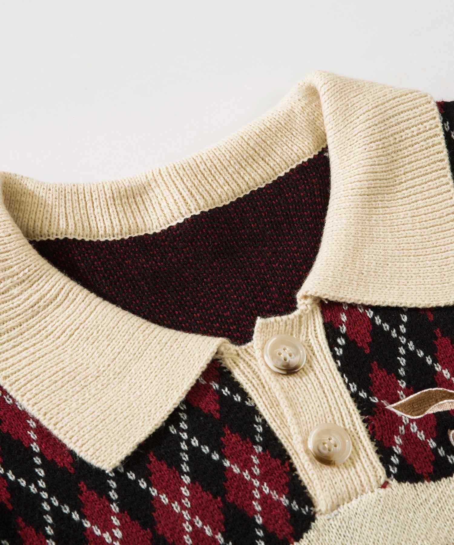 フック HOOK HOOK ーoriginalー 古著風 復古調兔子刺繡配色菱格紋翻領針織衫