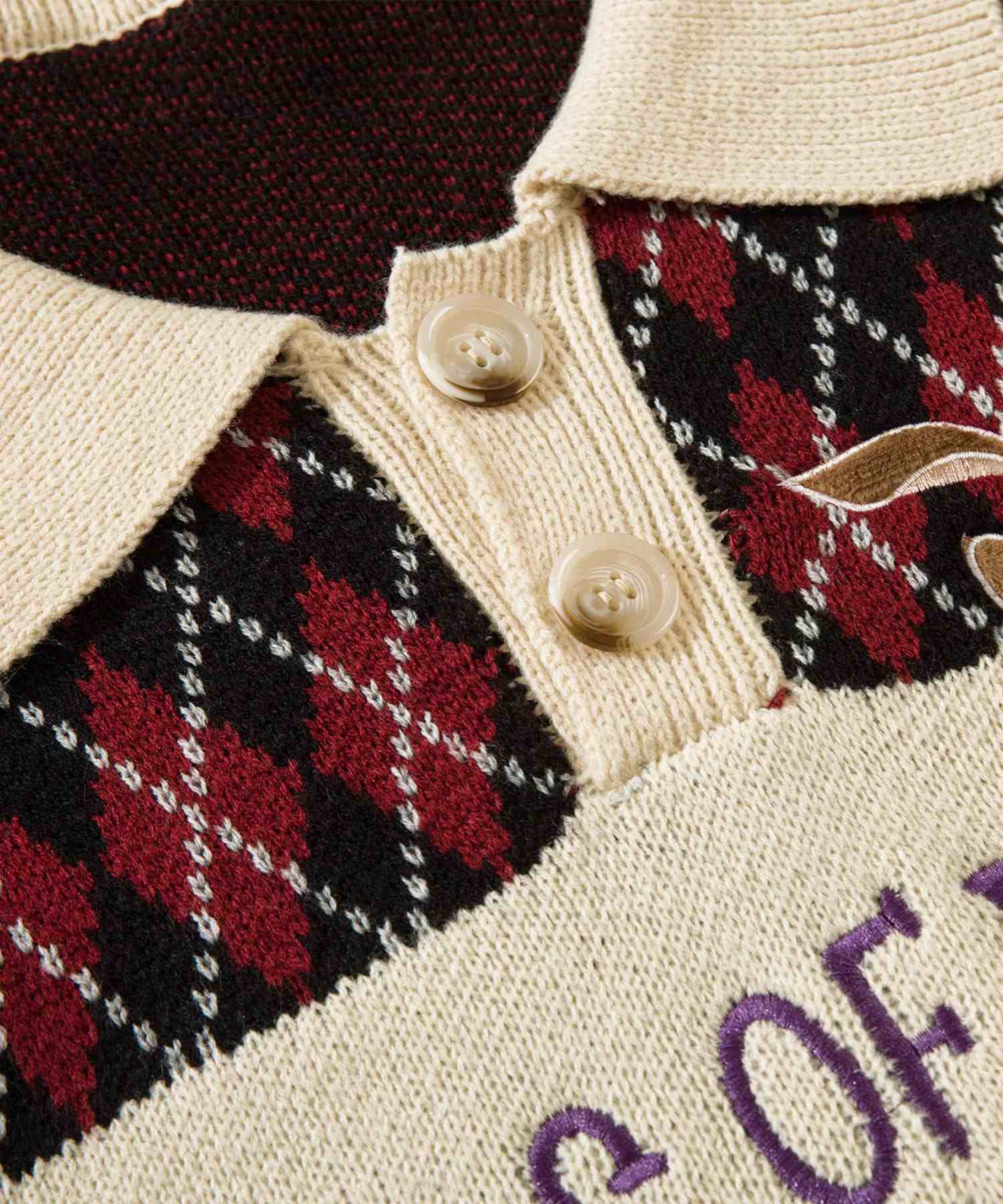 フック HOOK HOOK ーoriginalー 古著風 復古調兔子刺繡配色菱格紋翻領針織衫