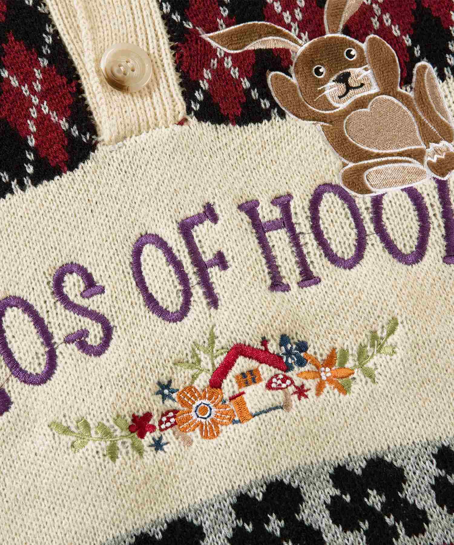 フック HOOK HOOK ーoriginalー 古著風 復古調兔子刺繡配色菱格紋翻領針織衫
