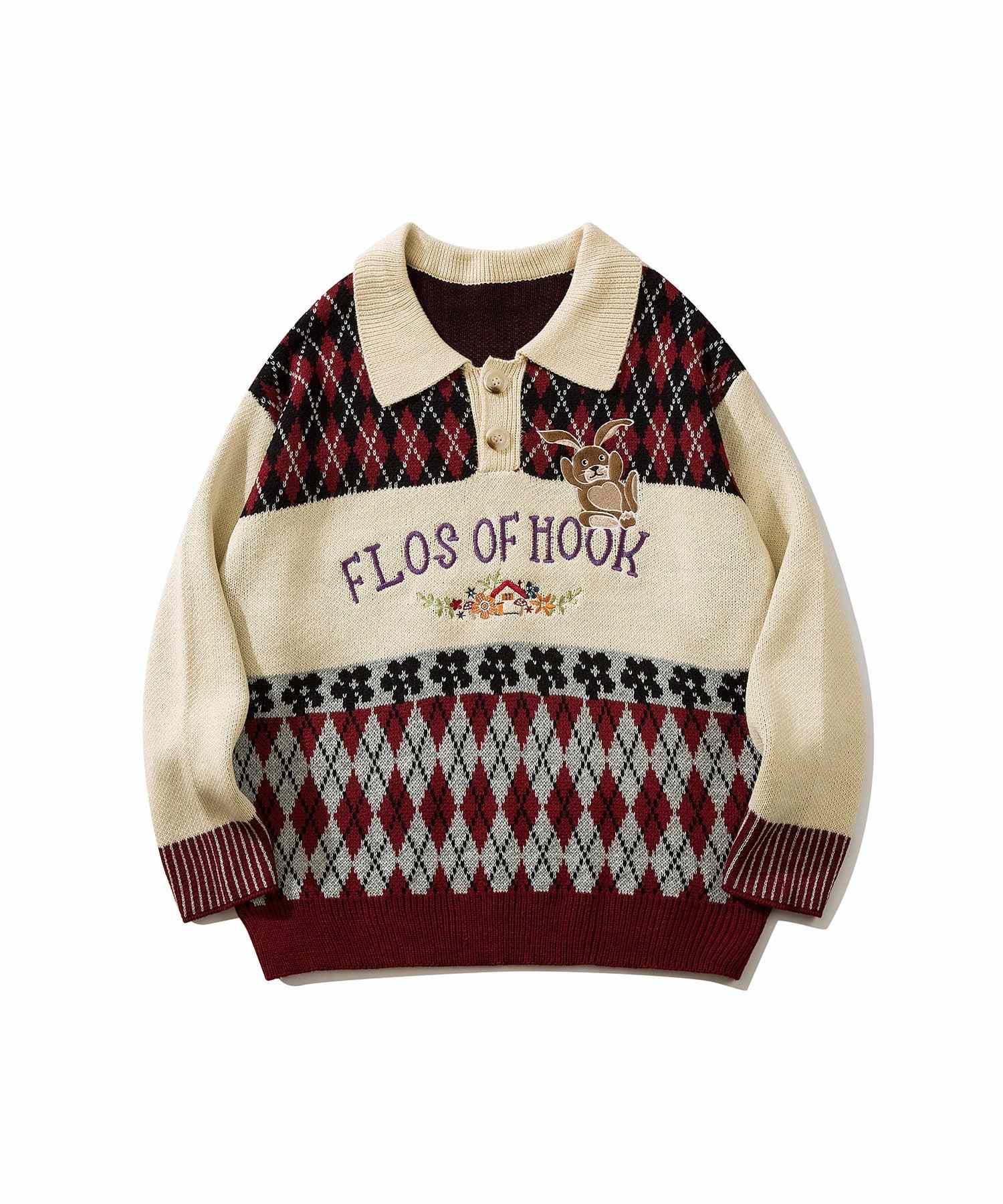 フック HOOK HOOK ーoriginalー 古著風 復古調兔子刺繡配色菱格紋翻領針織衫