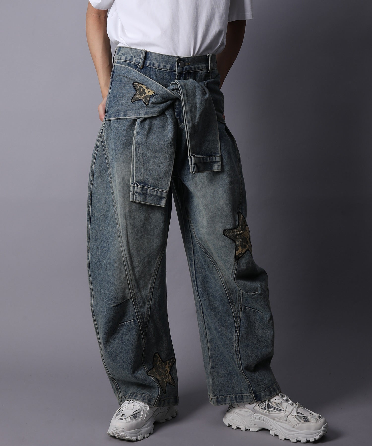 フック HOOK HOOK/スターワッペン コクーン デニムパンツ (ブルー) ブルー