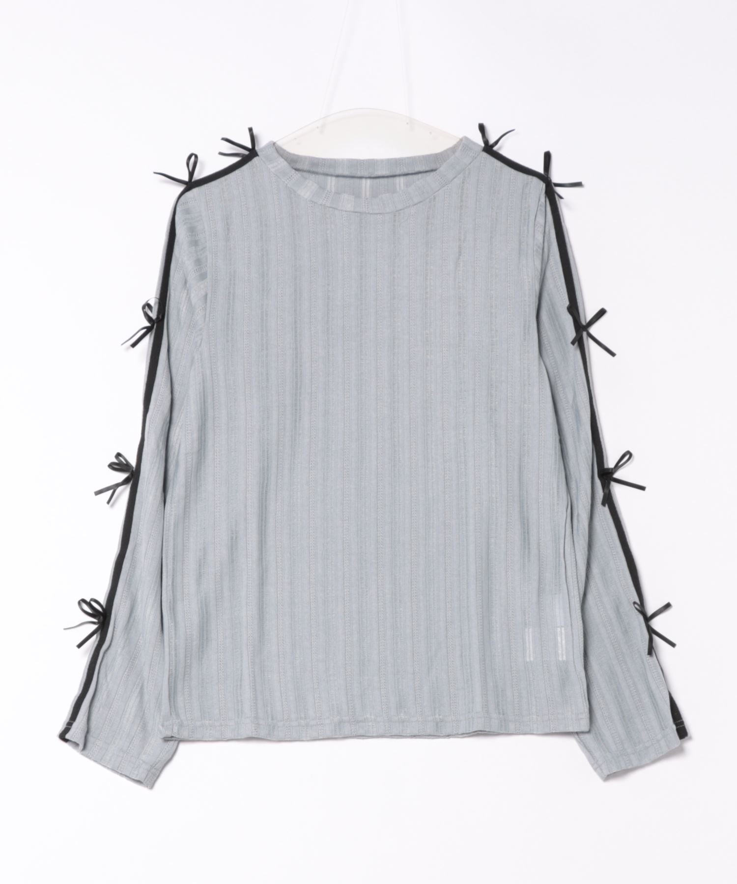 HOOK 【HOOK】for girls Sleeve Ribbon Line Sheer Cut and Sew Top