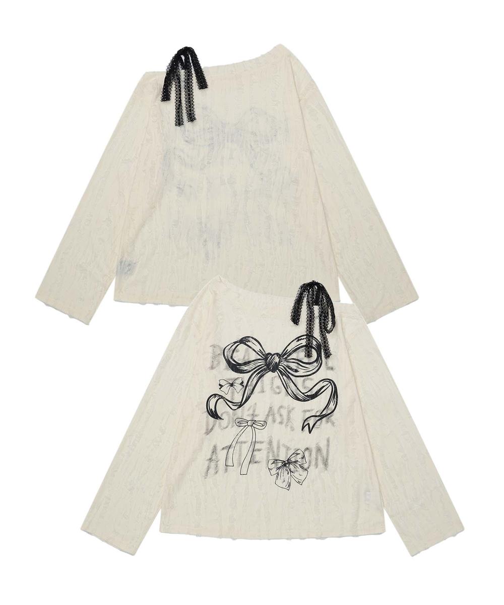 フック HOOK 【HOOK】for girls リボンプリントオープンショルダーダメージトップス (ベージュ) ベージュ