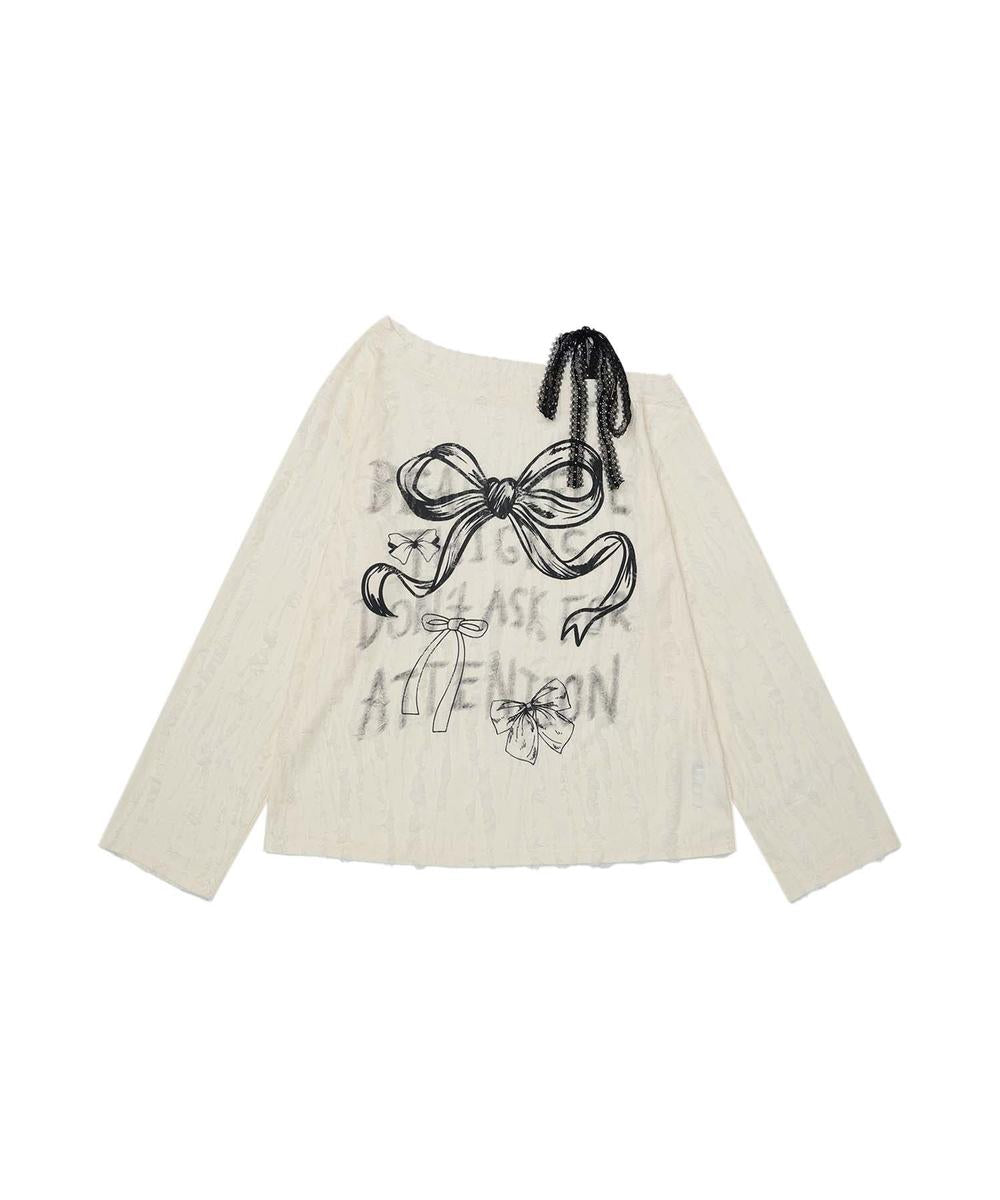 フック HOOK 【HOOK】for girls リボンプリントオープンショルダーダメージトップス (ベージュ) ベージュ