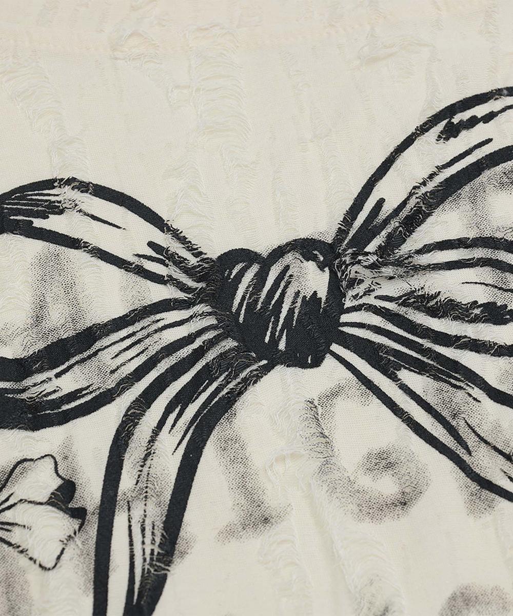 フック HOOK 【HOOK】for girls リボンプリントオープンショルダーダメージトップス (ベージュ) ベージュ