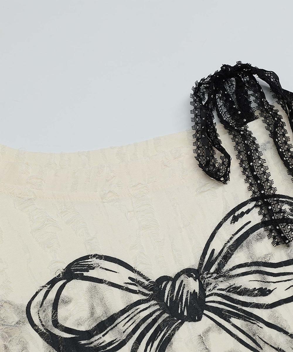 フック HOOK 【HOOK】for girls リボンプリントオープンショルダーダメージトップス (ベージュ) ベージュ