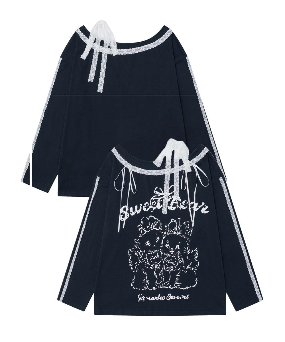 フック HOOK 【HOOK】for girls わんちゃんプリントレース使用カットソー (ネイビー) ネイビー