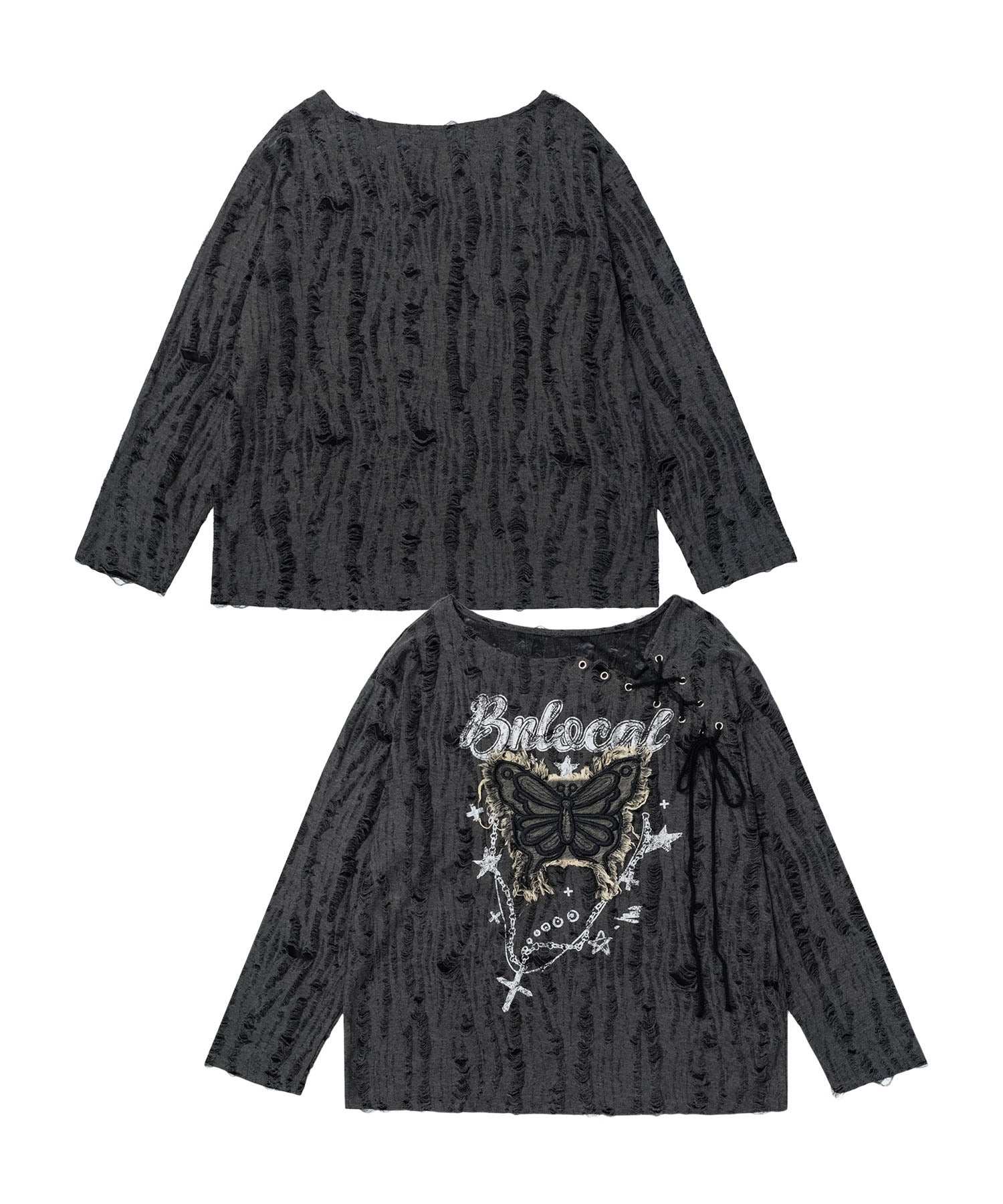 フック HOOK HOOK/バタフライレースルーズロンT (ダークグレー) ダークグレー