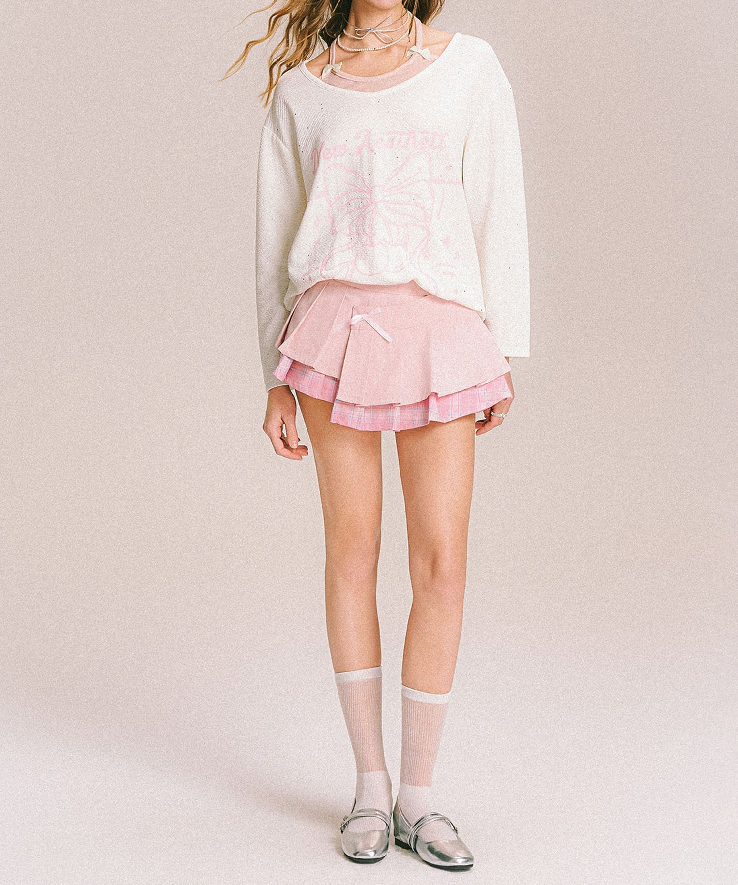 フック HOOK 【HOOK】for girls リボンプリントルーズトップス (ホワイト) ホワイト