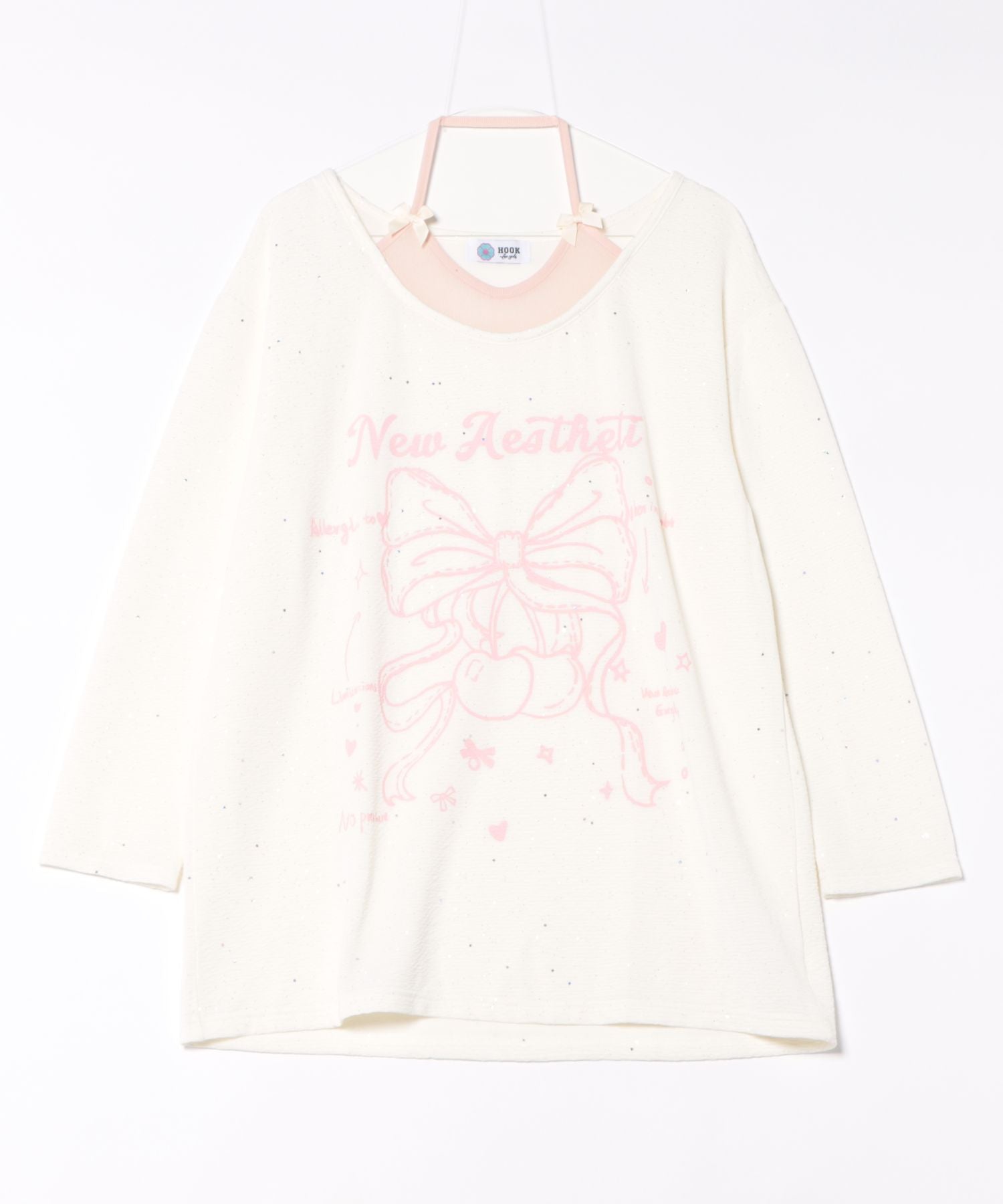 フック HOOK 【HOOK】for girls リボンプリントルーズトップス (ホワイト) ホワイト