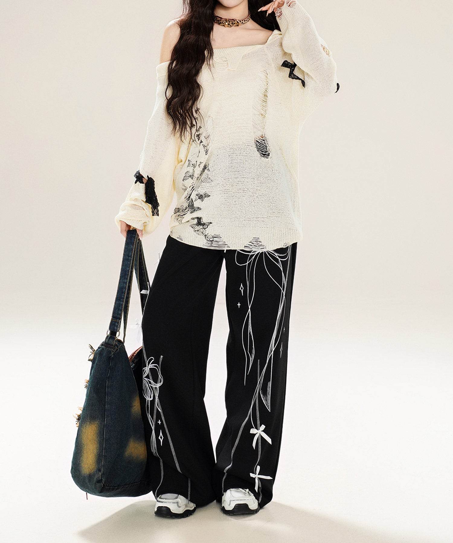 フック HOOK 【HOOK】for girls ダメージデザインスプラッシュプリントニットトップス (ベージュ) ベージュ