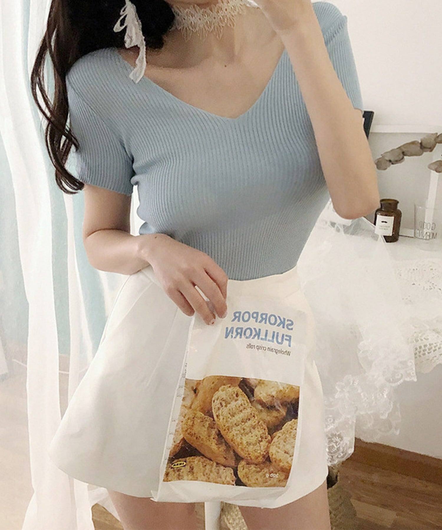 Jasmine Grandiflorum 【Jasmine】 Simple Plain V-Neck Short Sleeve