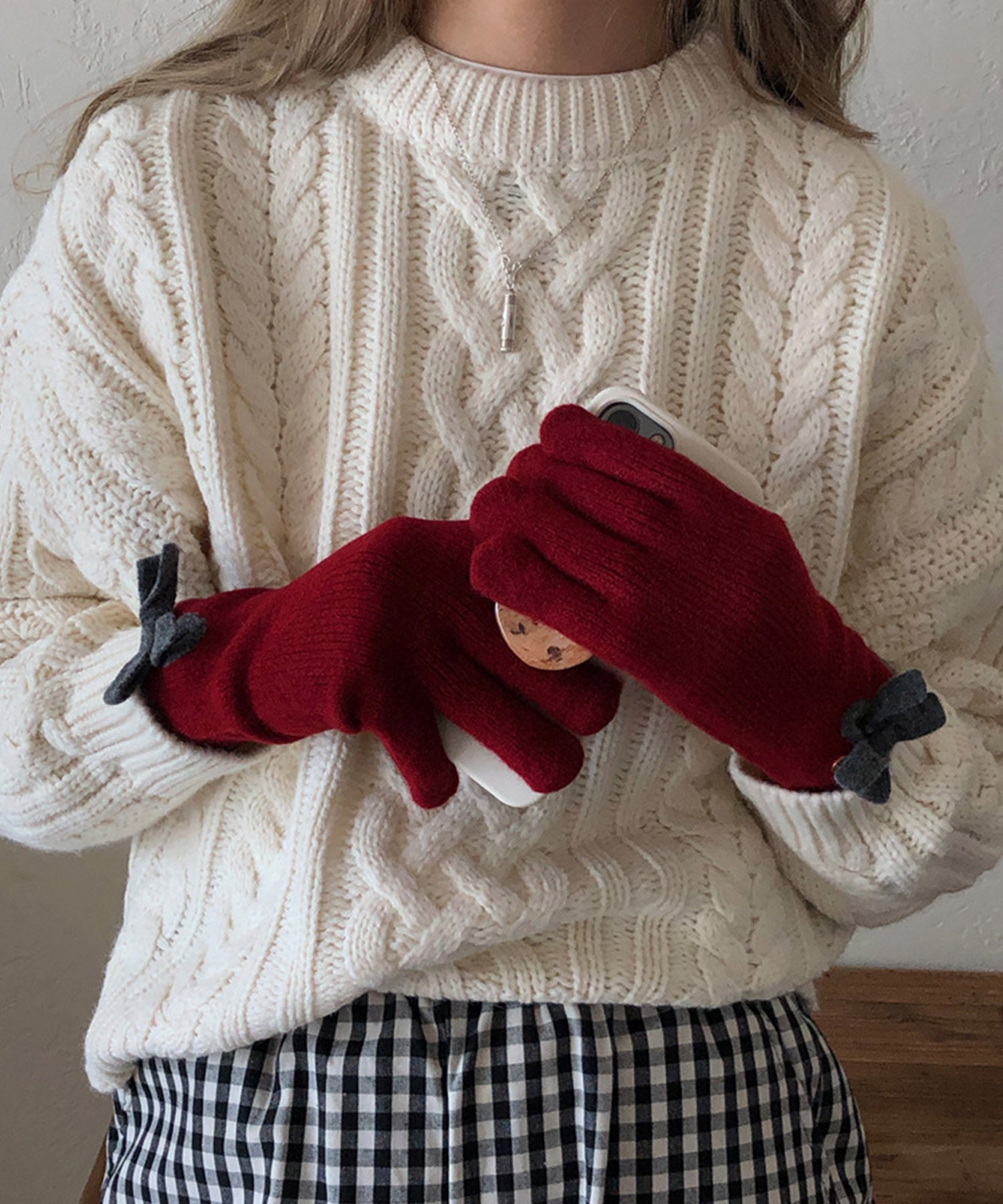 ジャスミングランディフローラム Jasmine Grandiflorum Jasmine/バイカラーリボンニット手袋 (ワインレッド) ワインレッド