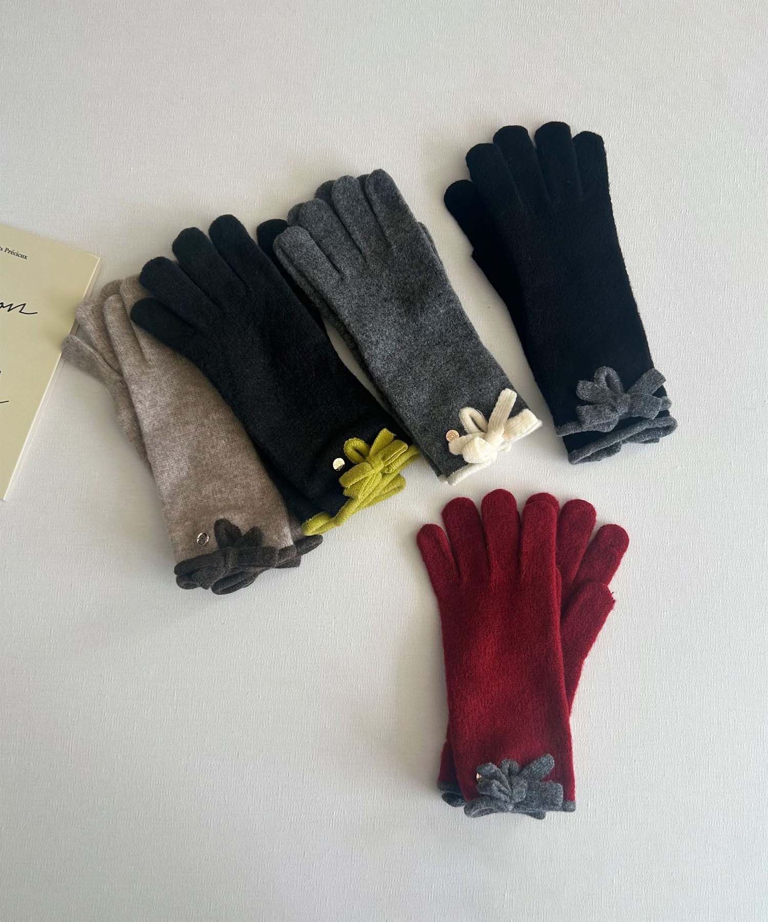 ジャスミングランディフローラム Jasmine Grandiflorum Jasmine/バイカラーリボンニット手袋 (ワインレッド) ワインレッド