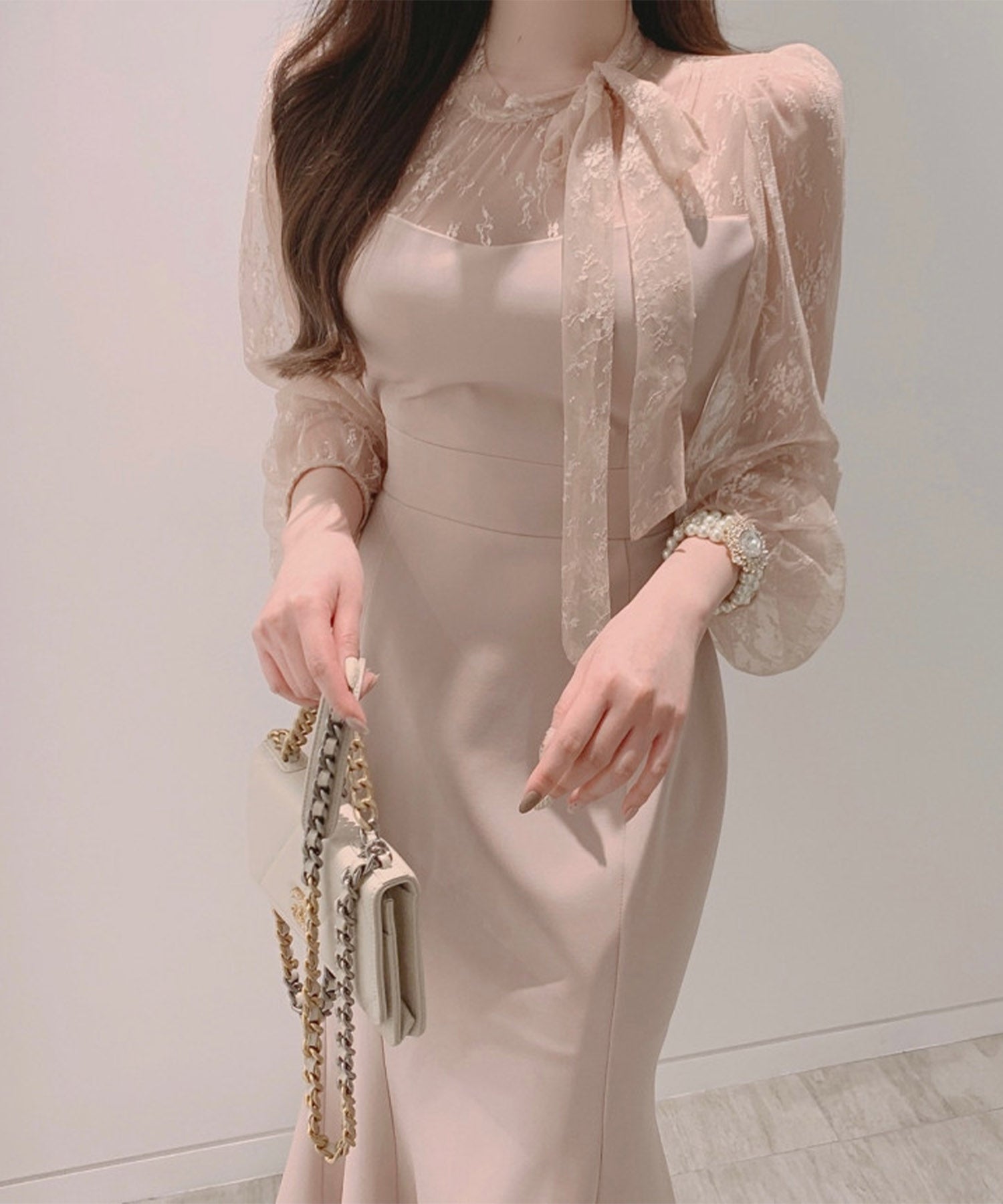 ジャスミングランディフローラム Jasmine Grandiflorum 【Jasmine】シーアレースマーメイドロングワンピース (ピンク) ピンク