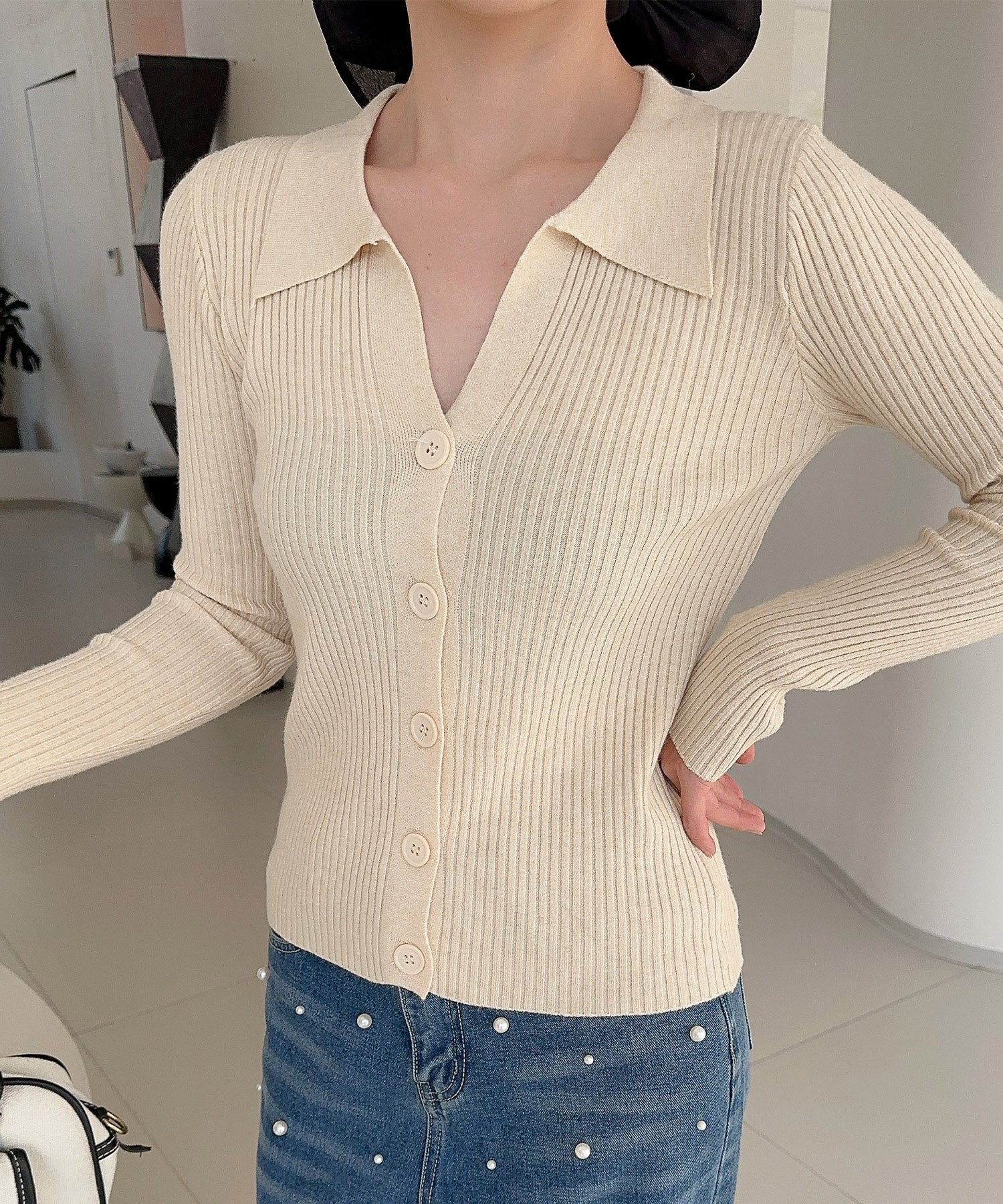 ジャスミングランディフローラム Jasmine Grandiflorum 【Jasmine】シャツ風リブカーディガン (ライトベージュ) ライトベージュ