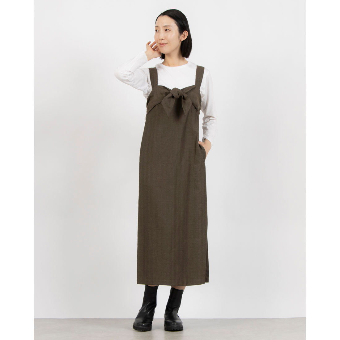 トーナル TONAL リネンナローラインノットワンピース (ブラウン) ブラウン
