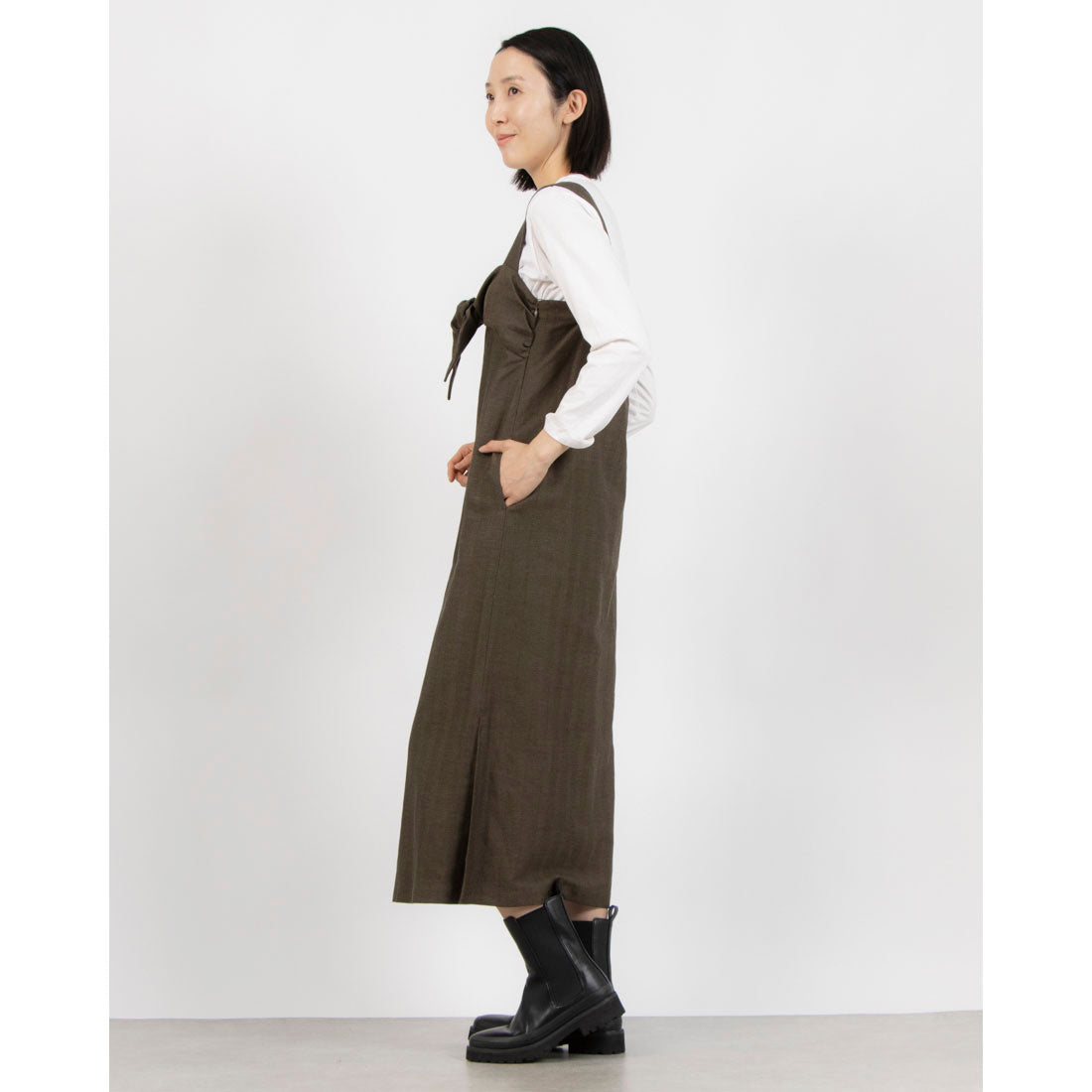 トーナル TONAL リネンナローラインノットワンピース (ブラウン) ブラウン