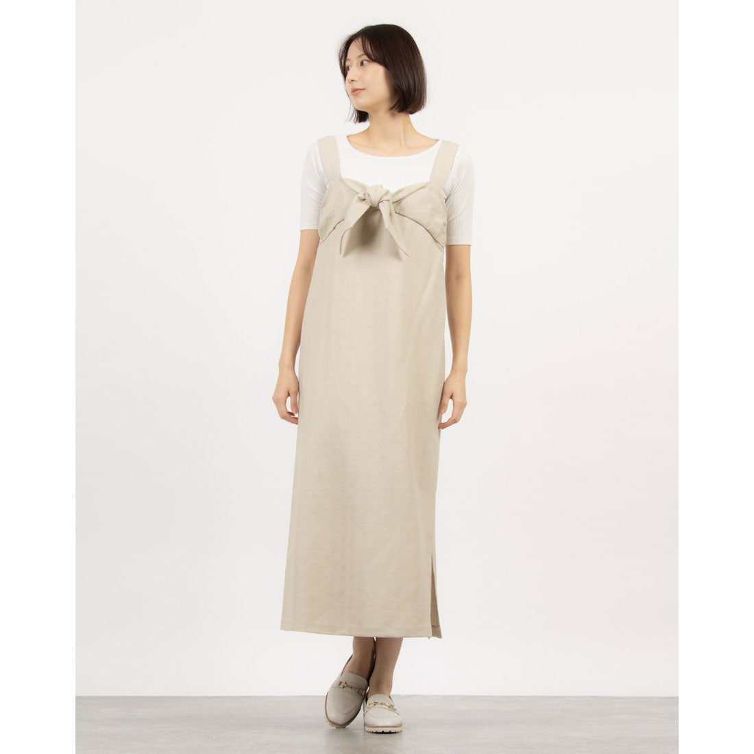 トーナル TONAL リネンナローラインノットワンピース (ベージュ) ベージュ