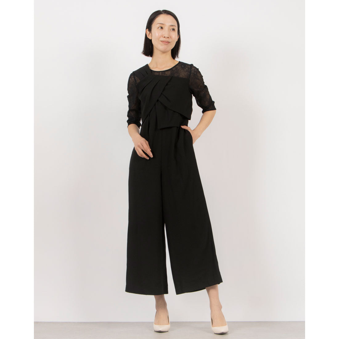 トーナル TONAL レース×ジョーゼットオールインワン (ブラック) ブラック