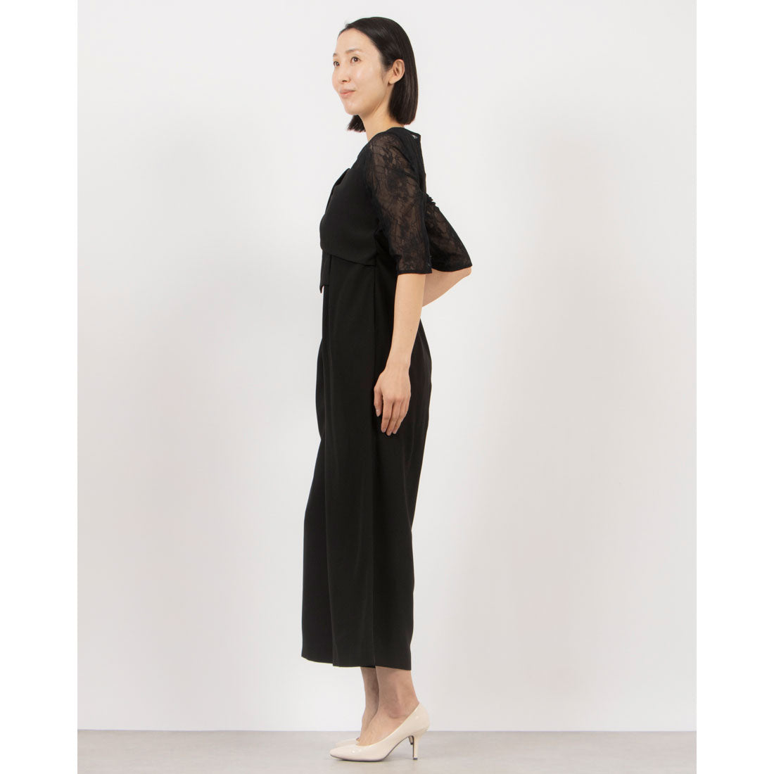 トーナル TONAL レース×ジョーゼットオールインワン (ブラック) ブラック