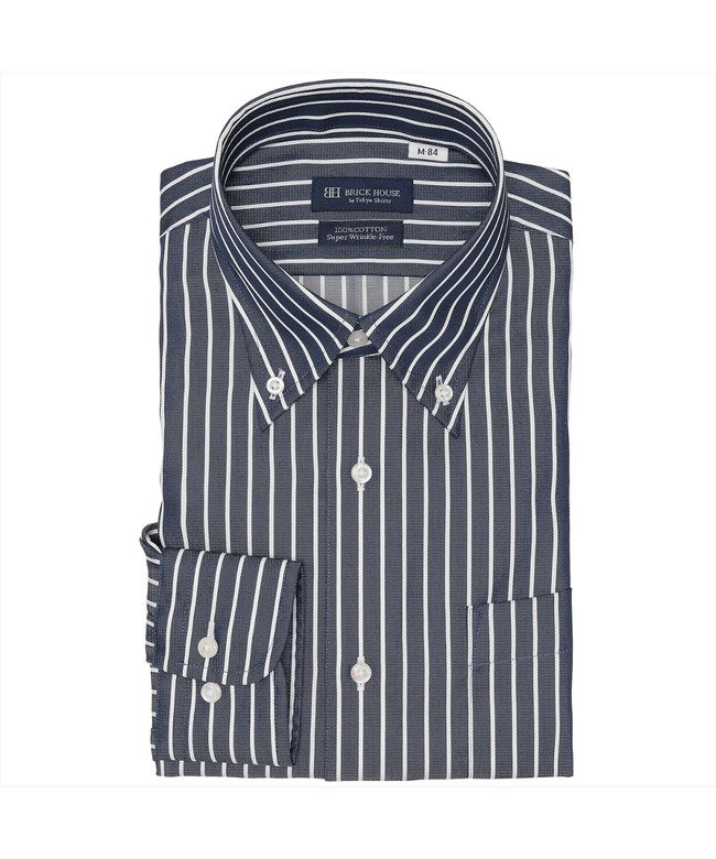 トーキョーシャツ TOKYO SHIRTS 【超形態安定】 ボタンダウン 長袖 形態安定 綿100% ワイシャツ (ネイビー) ネイビー