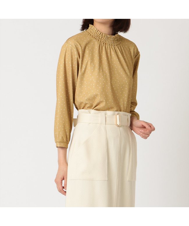 Tokyo Shirts Shirring Neck Random Dot Three-Quarter Sleeve Blouse