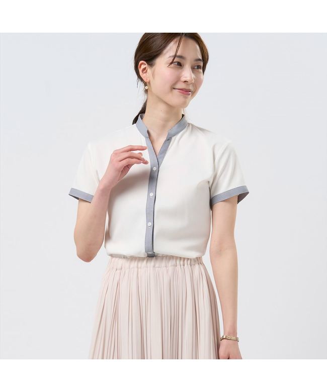 トーキョーシャツ TOKYO SHIRTS 【COFREX】 配色スキッパーブラウス 半袖 レディースデザインシャツ (ホワイト) ホワイト