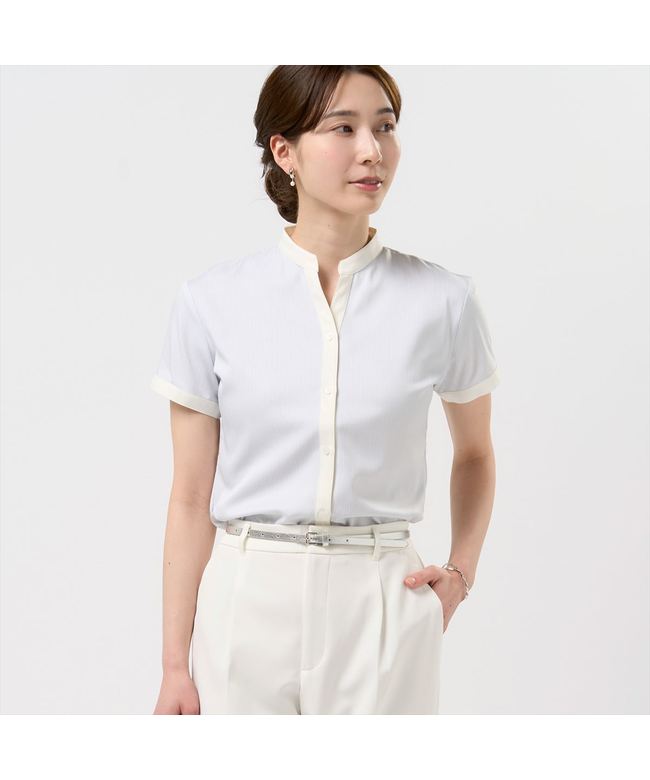 トーキョーシャツ TOKYO SHIRTS 【COFREX】 配色スキッパーブラウス 半袖 レディースデザインシャツ (ライトグレー) ライトグレー