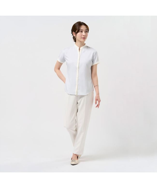 トーキョーシャツ TOKYO SHIRTS 【COFREX】 配色スキッパーブラウス 半袖 レディースデザインシャツ (ライトグレー) ライトグレー