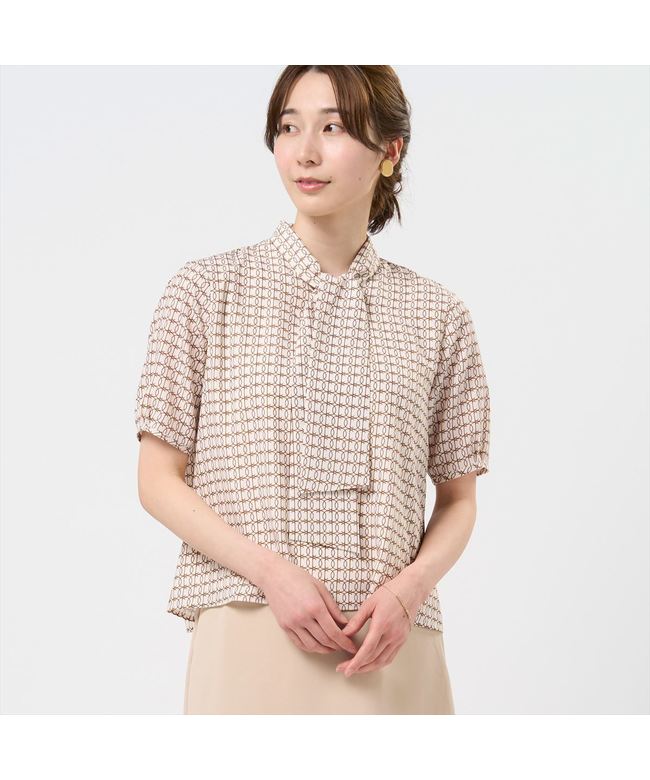 トーキョーシャツ TOKYO SHIRTS ボウタイ プリント ブラウス 五分袖 レディース (ベージュ) ベージュ
