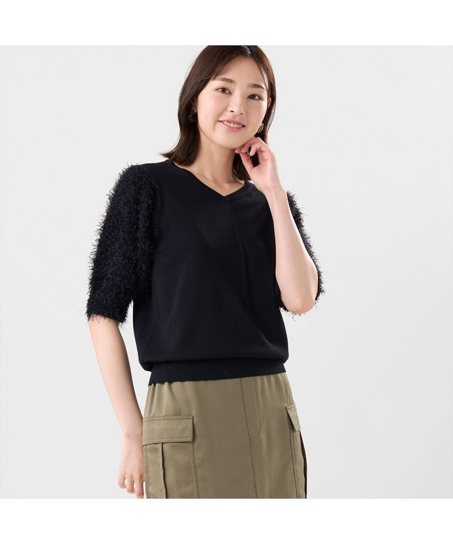 トーキョーシャツ TOKYO SHIRTS ニット 袖フェザー切替プルオーバー 五分袖 レディース (ブラック) ブラック