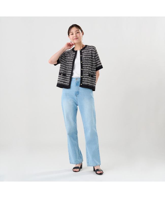 トーキョーシャツ TOKYO SHIRTS ニット 7Gツイード風カーディガン 半袖 レディース (ブラック×ホワイト) ブラック×ホワイト