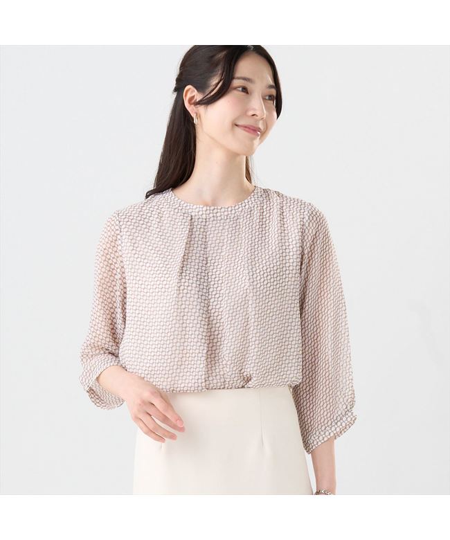 トーキョーシャツ TOKYO SHIRTS 幾何学柄 シフォンブラウス 七分袖 レディース (ブラウン) ブラウン