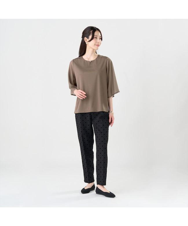 トーキョーシャツ TOKYO SHIRTS フレア袖 シアーブラウス 七分袖 レディース (ブラウン) ブラウン